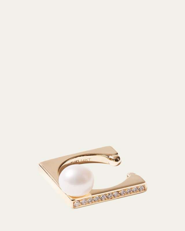 14K Yellow Gold 1 Row Diamond Cube Ear Cuff with Pearl, Single